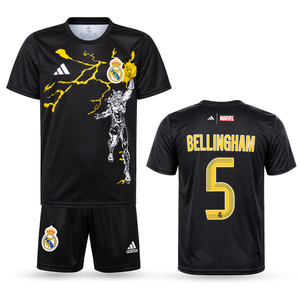 Real Madrid Kids Thor Edition Football Kit, Bellingham. Thor Edition Black